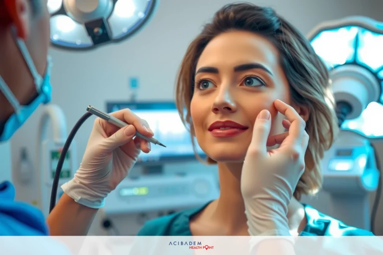 The image depicts a dental examination setting. A woman is seated with her head tilted back, and a doctor is performing an examination. The room has medical equipment such as overhead lights and a stainless steel basin visible in the background.