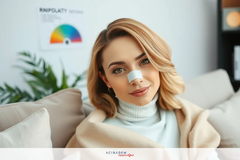 How Often Should I Tape My Nose After Rhinoplasty The image shows a woman sitting comfortably on a couch. She has a white dress shirt and is wearing makeup, including what appears to be a dark lipstick or lip gloss. Her expression is neutral with a slight smile, and she is looking directly at the camera. The background includes soft lighting and minimal decorations that create a cozy atmosphere.