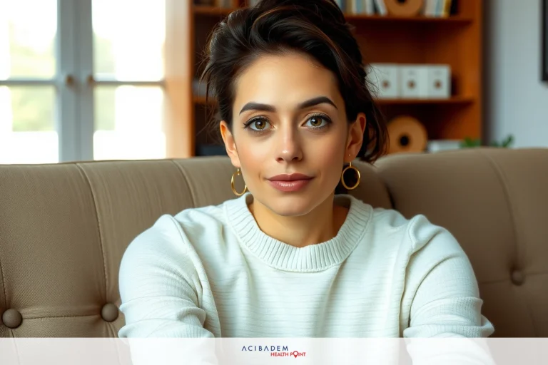 What is a Rhinoplasty Called in Korea? The image features a woman seated on a sofa, wearing a white sweater. She has black hair and is looking slightly to her left with a gentle expression.