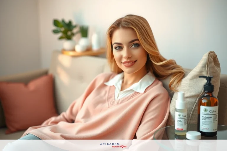 How Long for Rhinoplasty Tip Swelling to Go Down A woman is sitting on a couch. She has blonde hair and is smiling, looking towards the camera. Next to her on the couch is a bottle of skincare or haircare product, suggesting she may be promoting beauty or wellness products.