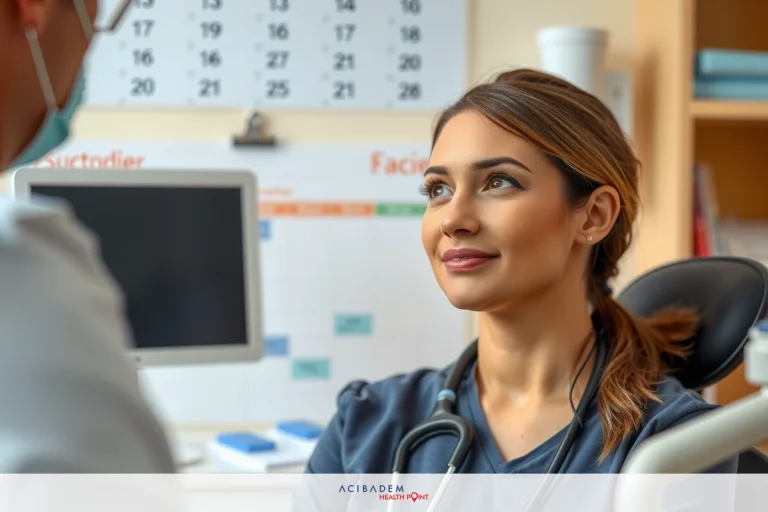 Is Rhinoplasty a One Time Procedure? This image depicts a professional medical setting with a female physician and a patient. The physician is sitting at the front of a clinical examination table, engaged in conversation with her patient who is seated on the other side. The environment suggests a well-lit, clean, and organized medical office space with typical equipment visible and the calendar.