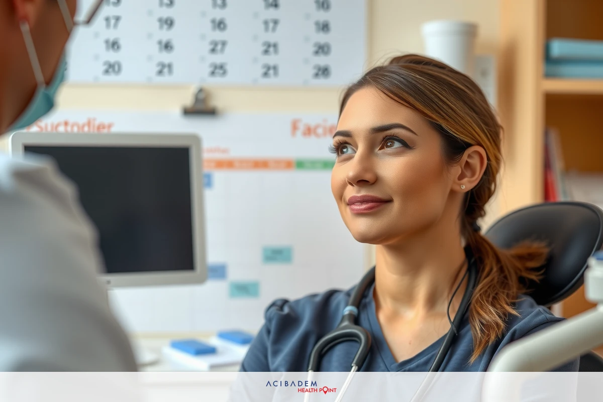 This image depicts a professional medical setting with a female physician and a patient. The physician is sitting at the front of a clinical examination table, engaged in conversation with her patient who is seated on the other side. The environment suggests a well-lit, clean, and organized medical office space with typical equipment visible and the calendar.