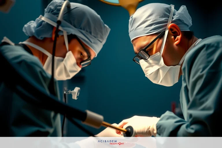 What Liquid Do They Use for Rhinoplasty? Two medical professionals wearing surgical gowns and masks, focused on a patient during an operation in a well-lit hospital room with sterile environment.