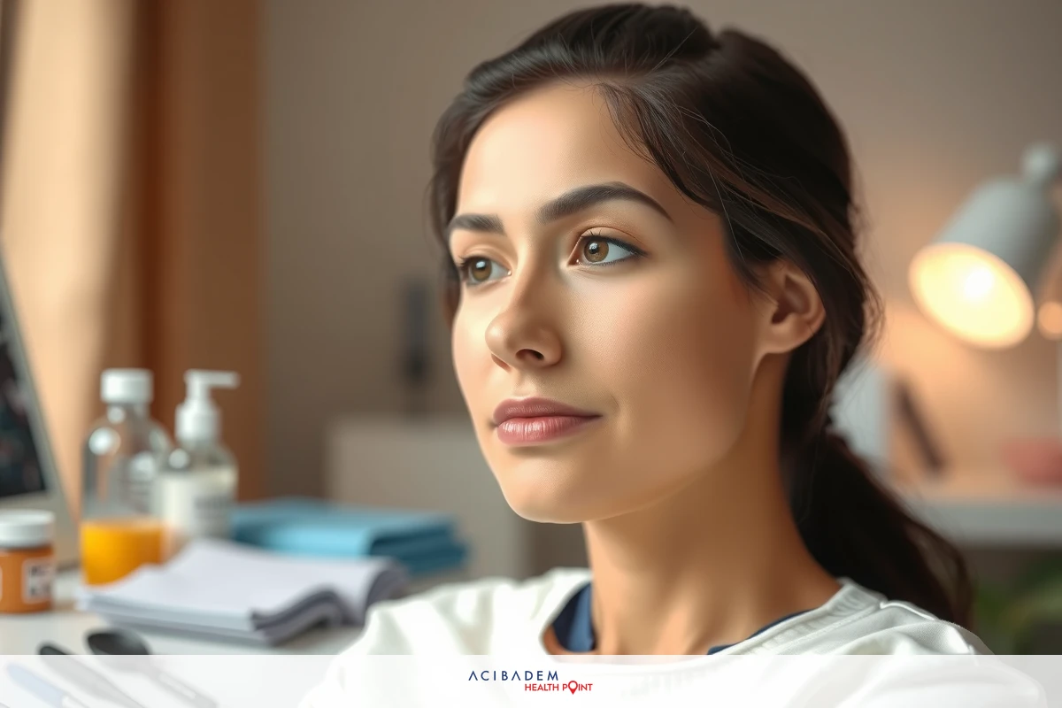 The image portrays a woman seated at a desk, deeply focused on her work. She is surrounded by items that suggest she might be in an office or home study area. There are papers scattered across the desk, and books visible, implying she may be engaged in research or academic work. The environment appears to be well-lit, likely from natural light coming through a window out of frame, creating a calm and attentive atmosphere.