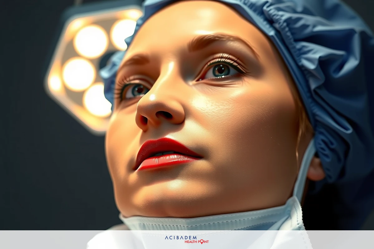 The image shows a woman wearing medical attire, including a surgical cap, and possibly face mask. She appears to be in an operating room or a similar medical setting, as suggested by the lighting and sterile environment. The colors in the photo are primarily neutral tones, with the exception of the red lipstick on her lips which stands out as a bright color against the more muted background.