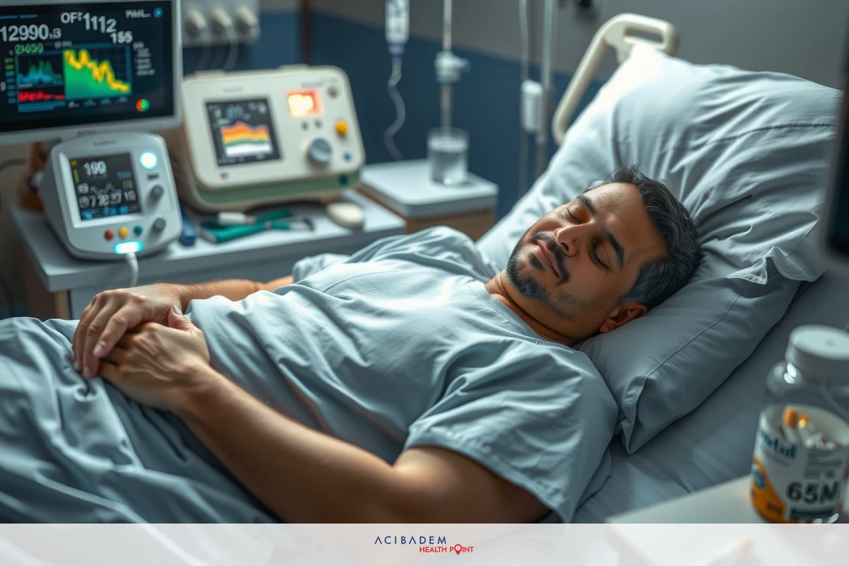 The image shows a man lying in a hospital bed. He is wearing hospital garments and appears to be asleep or resting, with his hands clasped together on his chest. The bed has medical monitoring equipment beside it. On the counter next to him, there are various medical items including a water pitcher and an IV bottle.