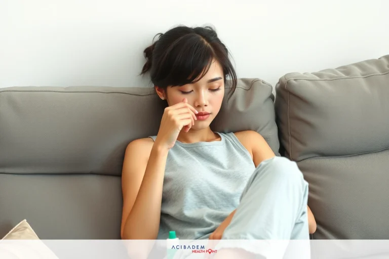 A young woman is sitting on a couch and holding her face. She is wearing a gray top and beige pants. She is sitting with her legs crossed and her eyes closed. The room appears to be a living room with minimal decor.