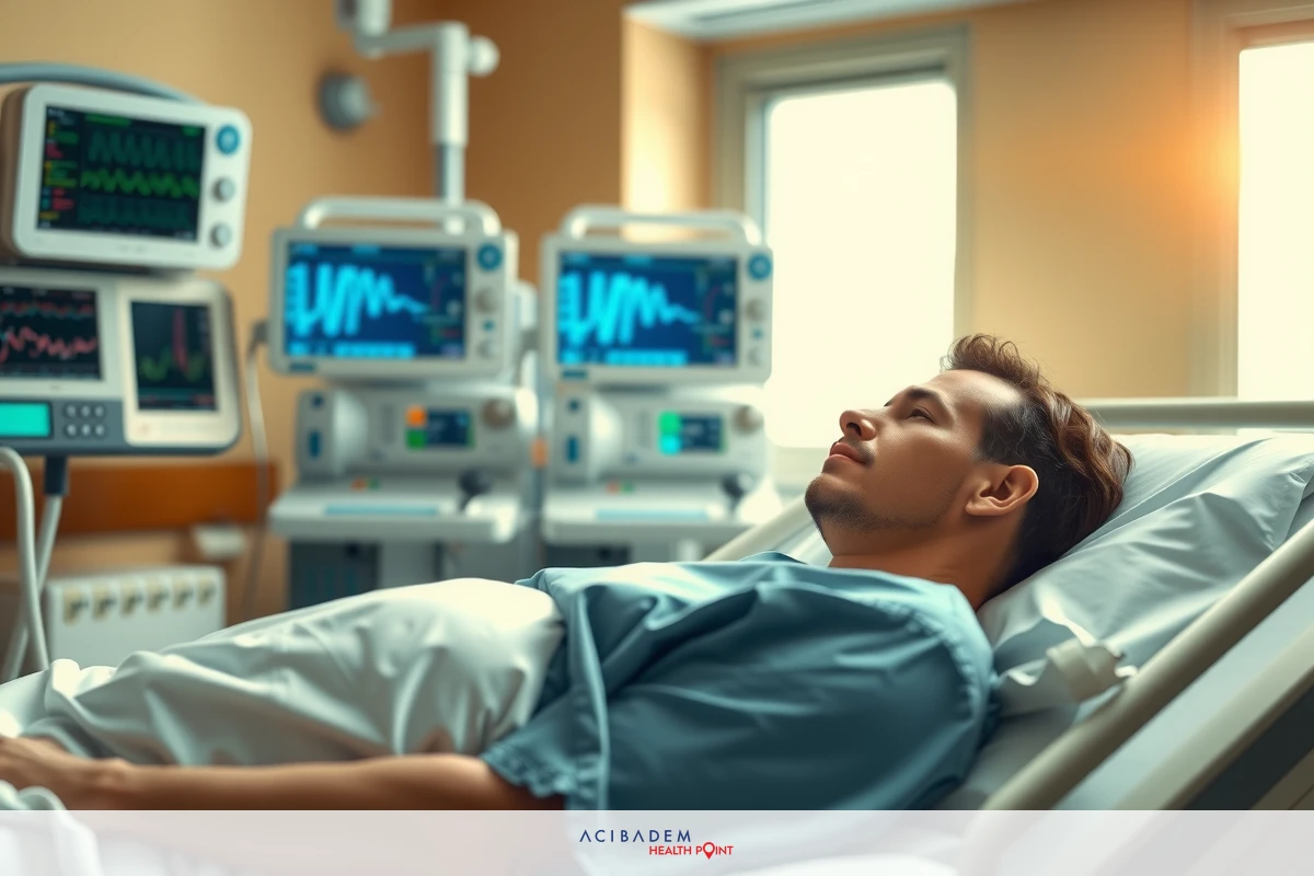 The image shows a young man lying in a hospital bed. The room is equipped with medical equipment including monitors that are displaying heart rate information.