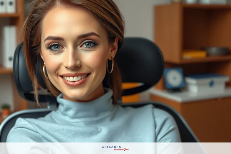 Woman sitting in an office chair, wearing a gray sweater and smiling at the camera. The background shows a professional setting with a desk and various office items.