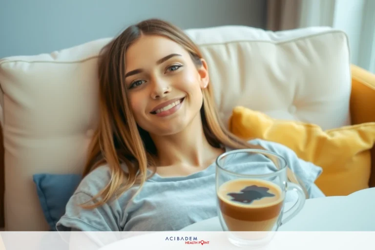 A young woman is wearing casual clothes and relaxing on the sofa. She is smiling, there is a coffee mug on the coffee table in front of her, and she appears to be in a comfortable indoor setting.