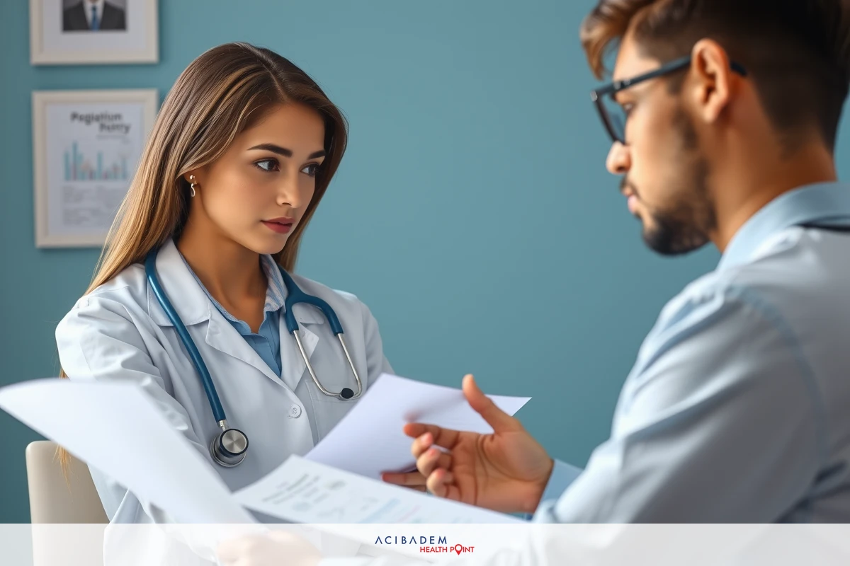 In this image, there is a female doctor wearing a white coat and stethoscope, seated at her desk. She appears to be in conversation with a male patient who is sitting opposite her. The office environment suggests a professional medical setting.