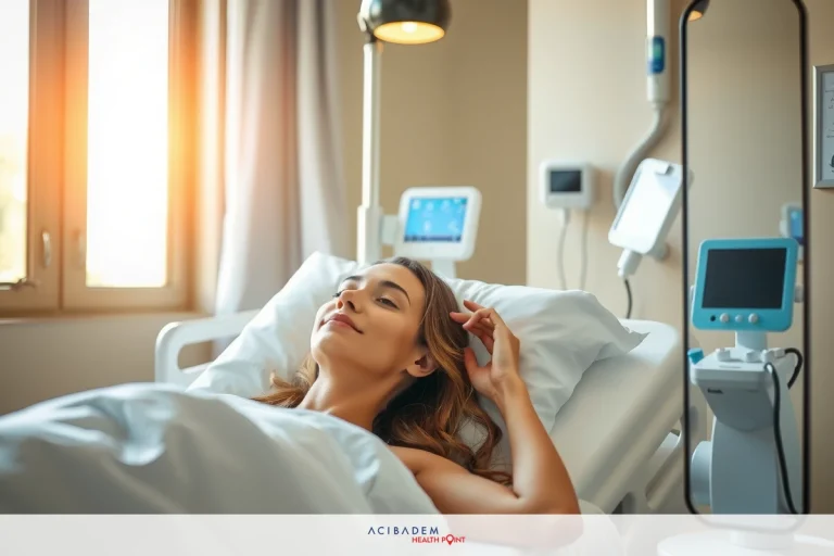 The image shows a woman lying in a hospital bed. She appears to be recovering or receiving medical attention as indicated by the medical equipment around her. The room has soft lighting suggesting it may be late afternoon or early evening given the warm hues coming through the window.