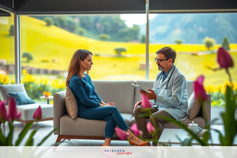 Two individuals engaged in a conversation in an indoor setting. The man is holding a tablet, suggesting they might be discussing work or technology. They are seated on comfortable chairs with a view of nature through large windows.