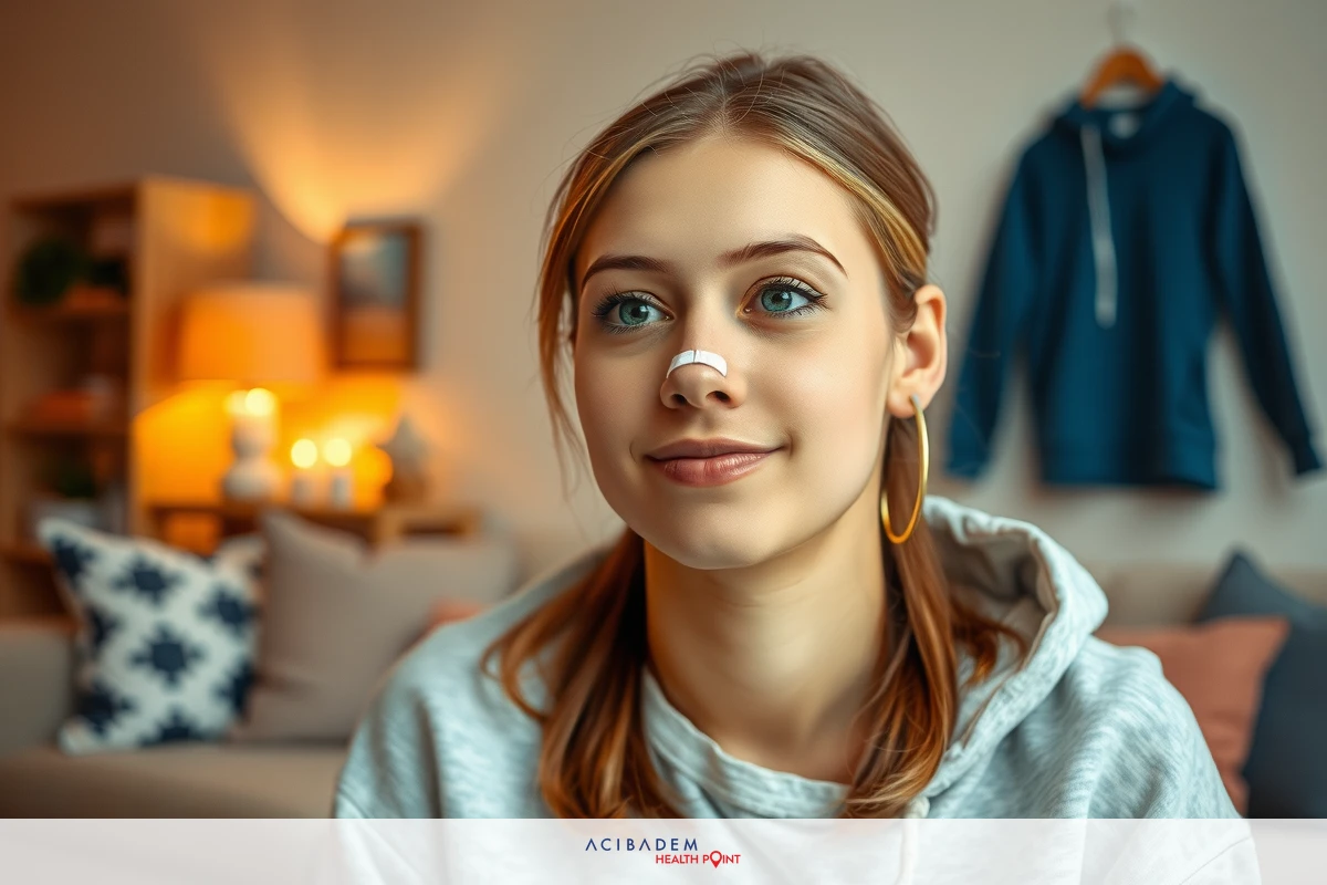 A young woman with light skin and brown hair sits on a couch in her living room. She is wearing a gray hoodie and has blue eyes. She has a nose band. The room is cozy with warm lighting and a neutral color palette.
