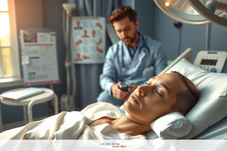 Medical setting with a woman on a hospital bed, possibly receiving medical attention from a professional. The room has medical equipment such as an ECG machine and is brightly lit, suggesting a professional environment.