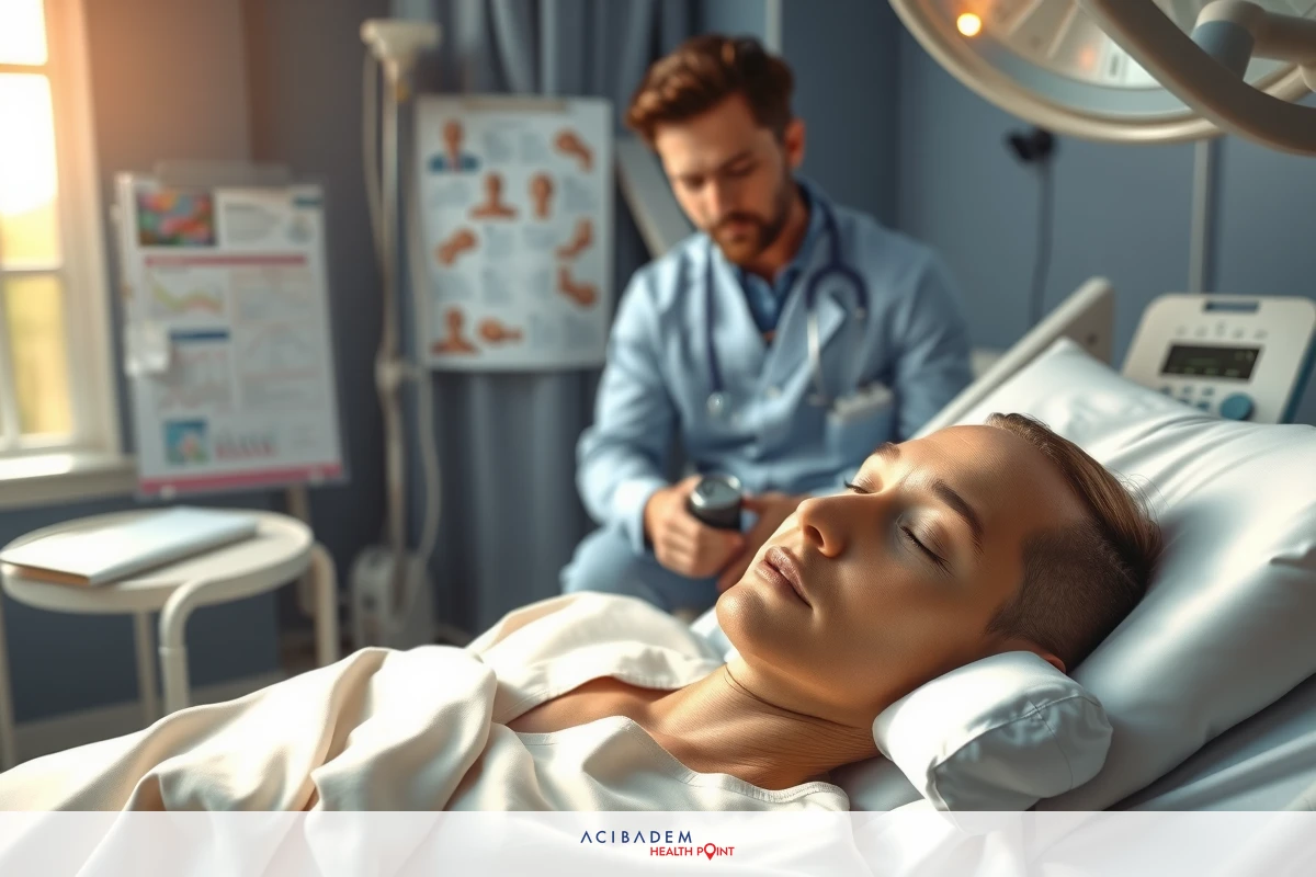 Medical setting with a woman on a hospital bed, possibly receiving medical attention from a professional. The room has medical equipment such as an ECG machine and is brightly lit, suggesting a professional environment.