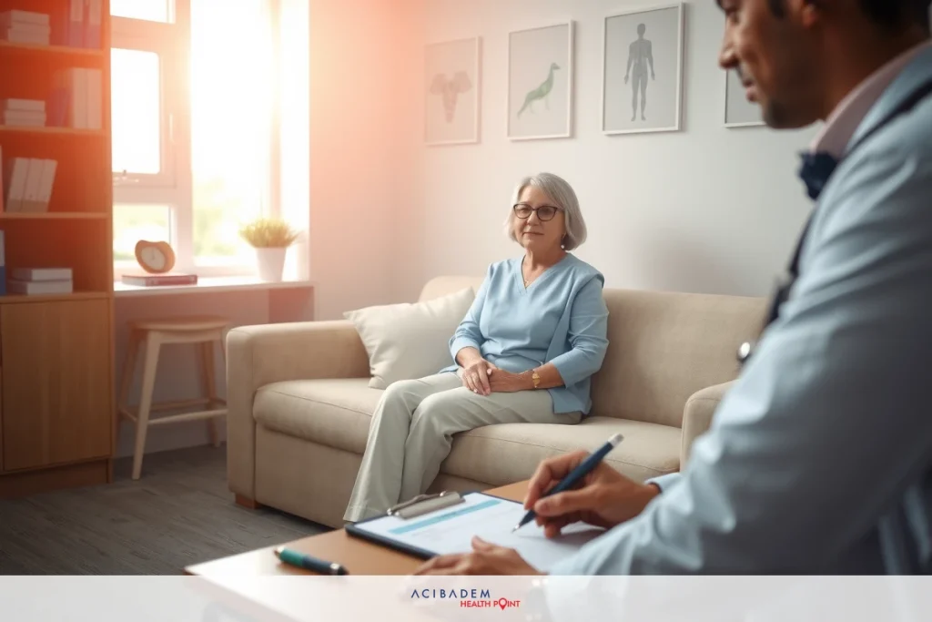 What Should I Do Before Rhinoplasty A medical professional is conducting a check-up with an elderly woman sitting on a couch in the office. The setting suggests a comfortable and private environment for health consultation.