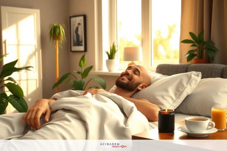 The image shows a man in bed with a peaceful, relaxed posture. The room has natural sunlight coming through the window, illuminating the scene. There are plants in the background that add a touch of greenery and a sense of freshness. The overall atmosphere is calm and restful.