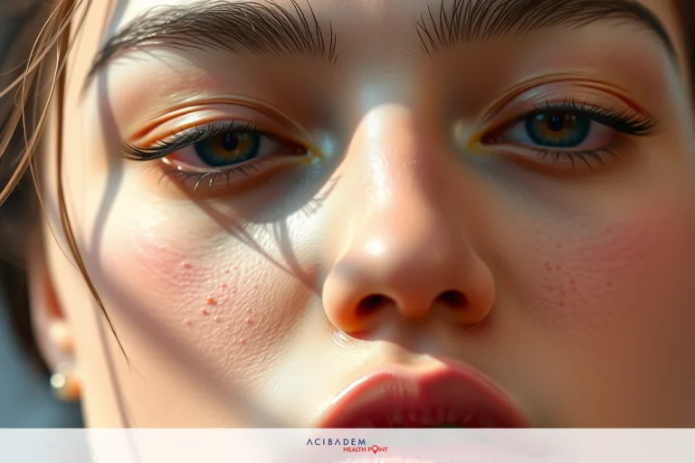 This image captures a close-up portrait of a young woman's face against a blurred background. She has light skin, blue eyes, and is wearing red lipstick. The focus is on her nose and lips, which are slightly parted as if she were about to speak or yawn.