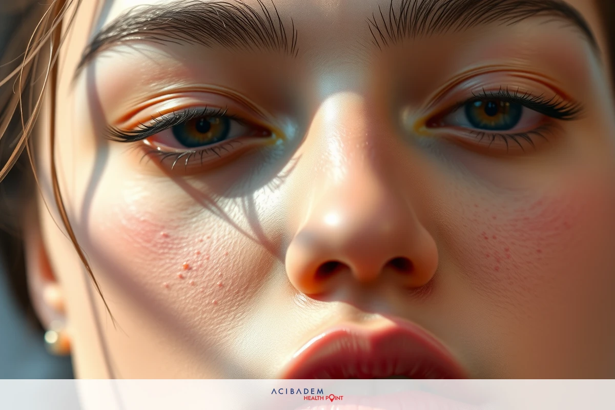 This image captures a close-up portrait of a young woman's face against a blurred background. She has light skin, blue eyes, and is wearing red lipstick. The focus is on her nose and lips, which are slightly parted as if she were about to speak or yawn.