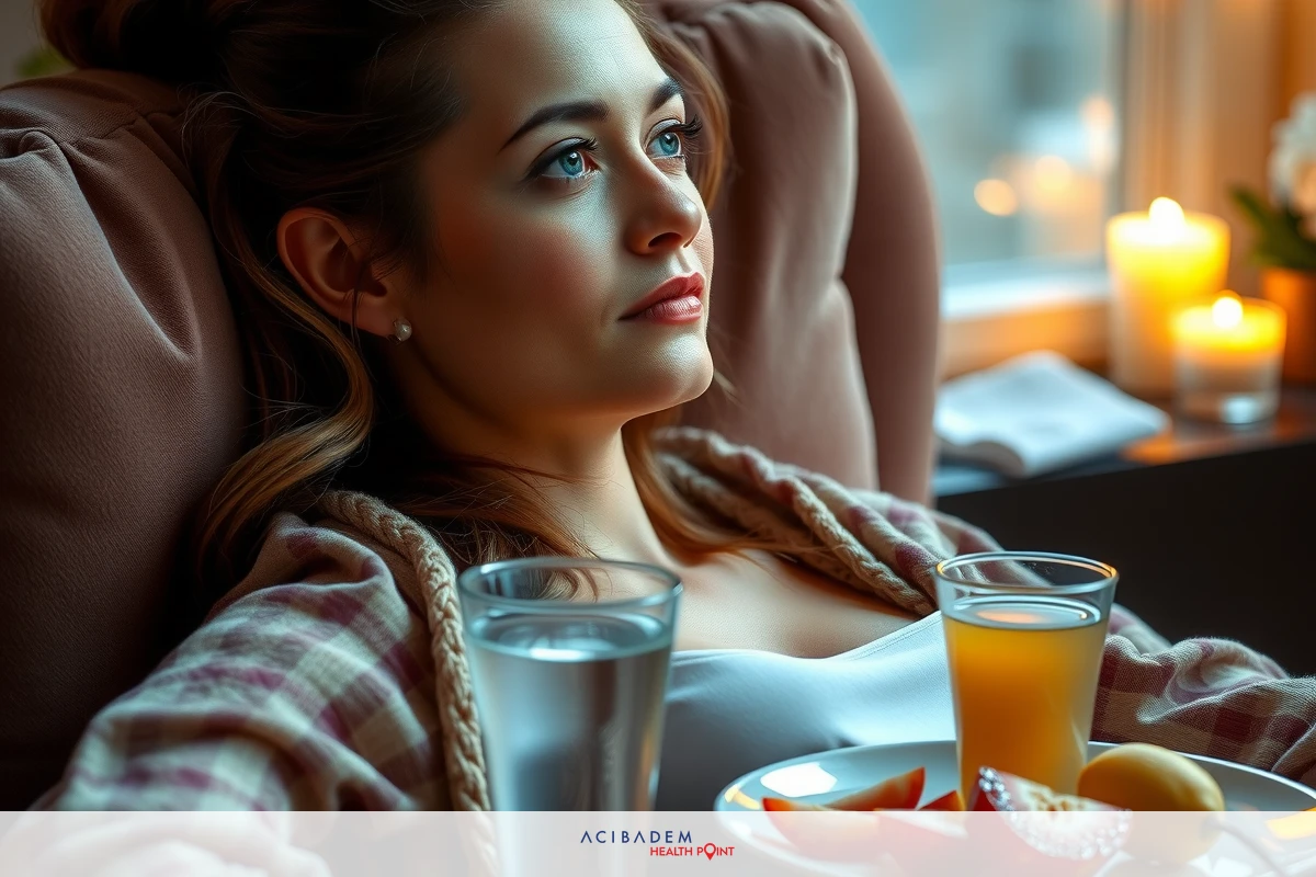 A woman is sitting on a sofa and looking straight ahead with ease. She's wearing a flannel shirt and appears to be enjoying a fruit salad next to her on the arm of the chair.