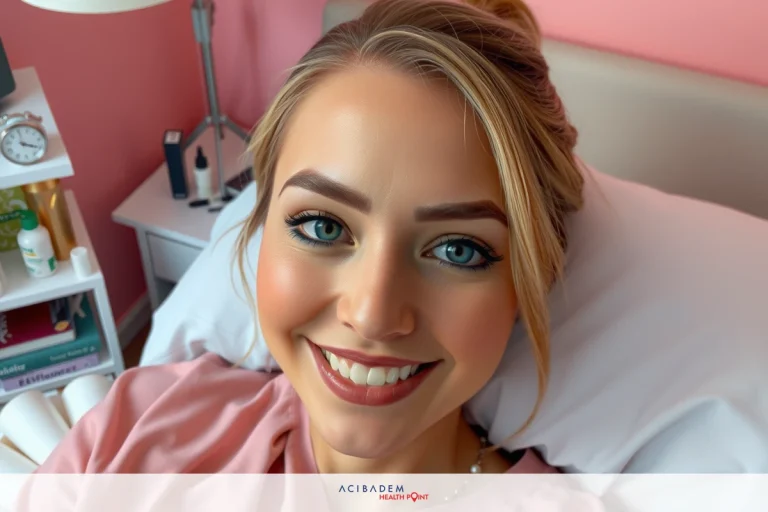 A woman is lying in bed, smiling and looking at the camera. She appears to be dressed in a light pink outfit with her hair pulled back. The room has a soft pink color scheme, contributing to a cozy atmosphere.