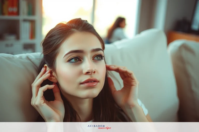 A young woman in a modern setting. She is seated comfortably on a couch. Her eyes are opened, suggesting concentration or relaxation. The room is softly lit with warm lighting, and there's a bookshelf in the background.