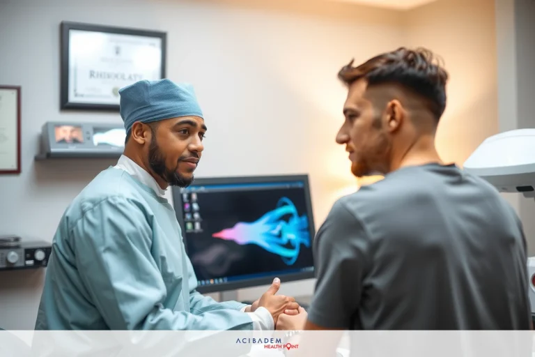 Two men in medical attire greeting each other. One is a doctor with scrubs, while the other appears to be a patient or visitor. They are standing in front of a hospital setting, likely an examination room with a computer monitor displaying scans.