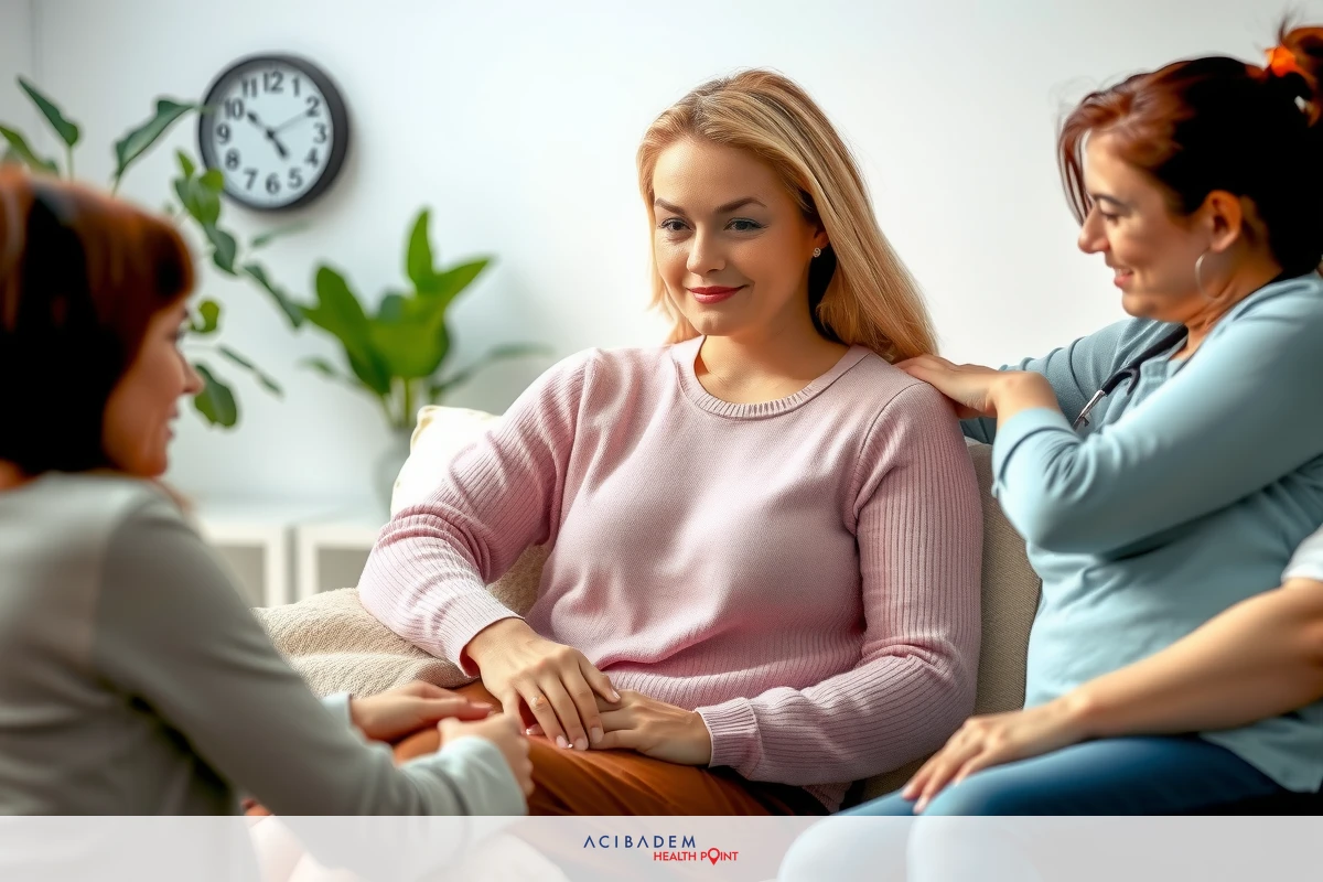 Women gathered in a cozy setting, engaging in conversation and sharing a moment. One woman is seated on a couch with her feet propped up. Two standing women appear to be discussing or listening attentively. The scene depicts an intimate and social atmosphere within a living room.