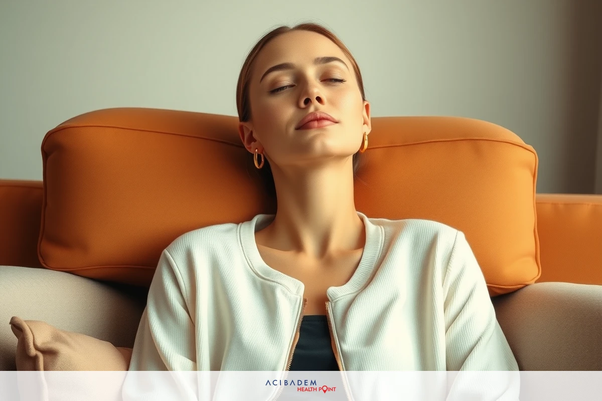 A woman is seen sitting on a couch with her eyes closed, possibly in a relaxed or sleeping state. She has earrings and is wearing a light-colored top that blends with the neutral tones of the room.