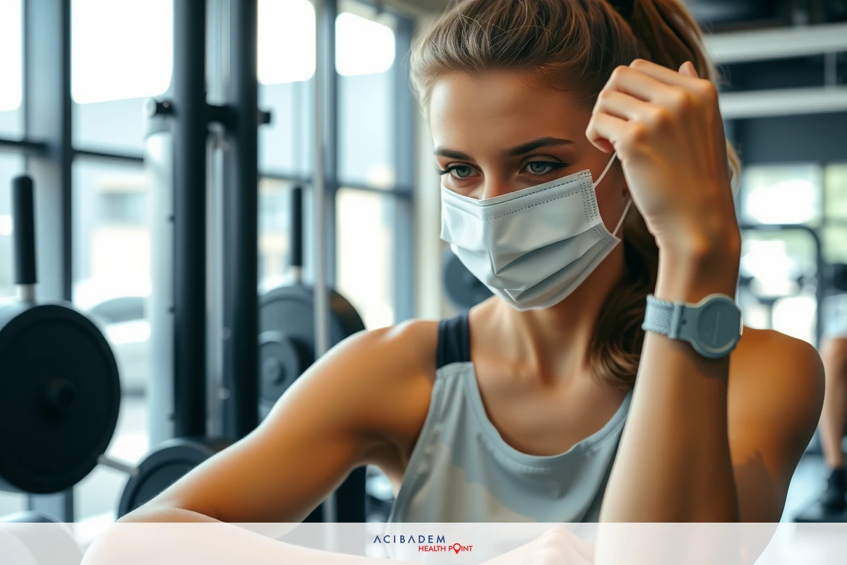 The image shows a woman exercising in a gym. She is wearing a mask over her mouth and nose, indicating health precautions are being taken. The gym has various weightlifting equipment visible, such as dumbbells and barbells.