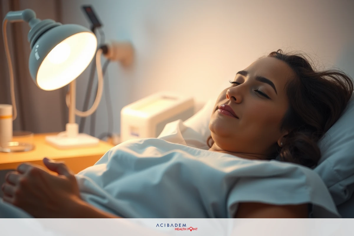 The image shows a woman lying in a hospital bed. She is resting comfortably, possibly during a medical procedure or recovery period.