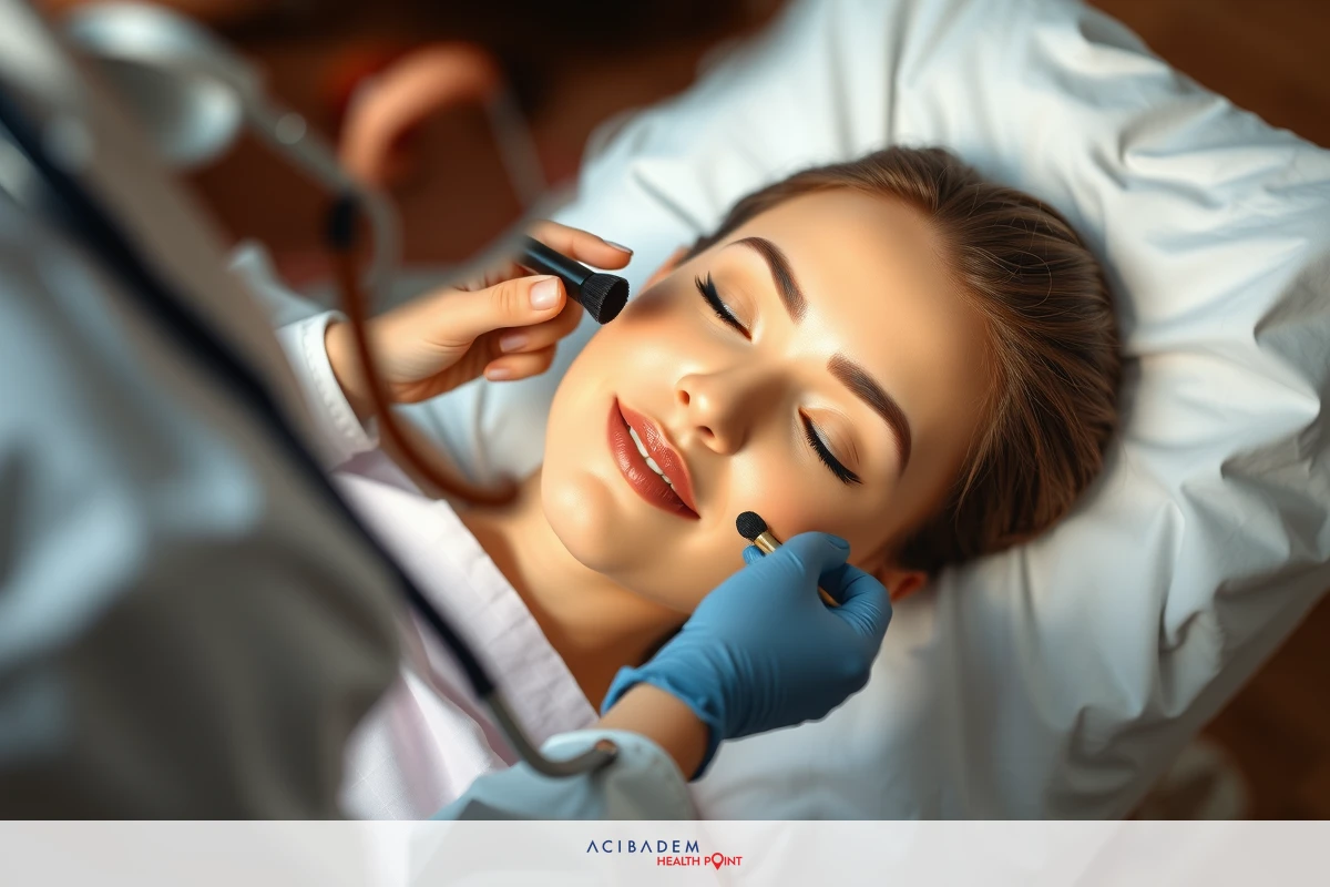 An image depicting a woman lying down, receiving medical attention. The focus is on the woman's face and upper body as the healthcare worker uses equipment to monitor or diagnose her condition.