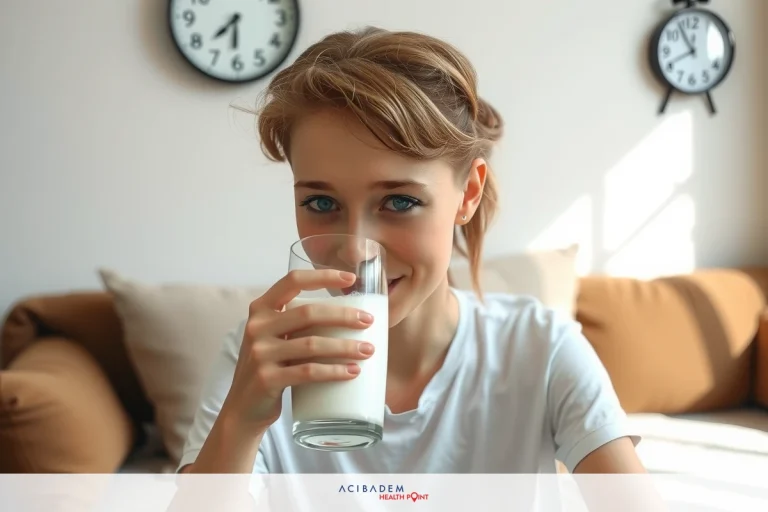 A young woman in a living room is holding a glass of milk, enjoying a refreshing drink. She has blonde hair and is wearing casual attire.