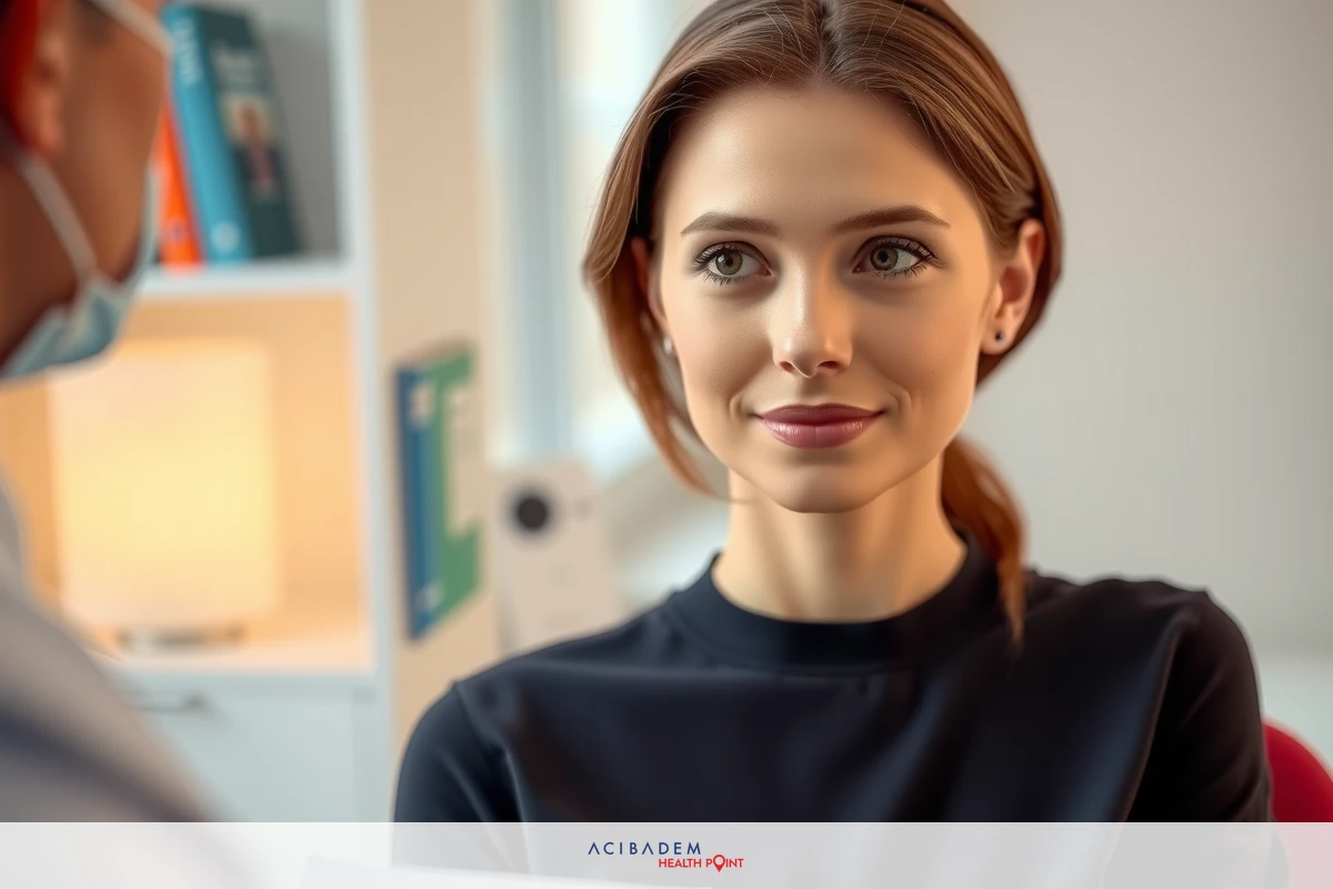 In the image, we see a woman seated at a medical office desk. She is dressed in professional attire and appears to be engaged in a conversation with a doctor who is not visible in the frame. The environment suggests a calm and clinical setting, typical of a medical consultation room.