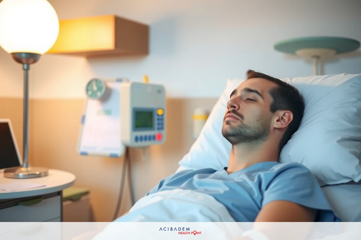 The image depicts a young man lying in a hospital bed, hooked up to various medical devices. He appears to be undergoing treatment or recovery. The environment is clinical with medical equipment surrounding him, emphasizing the context of healthcare. The color palette consists mainly of neutral tones, conveying a serious and focused atmosphere.