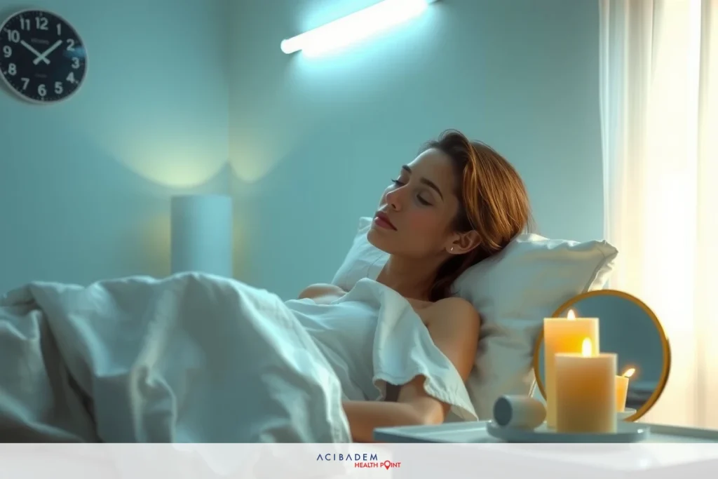 When Can I Play Tennis After Rhinoplasty? The image shows a woman lying in bed, covered with white sheets. She is wearing an earring and appears to be resting or possibly sleeping. The room has a soft ambiance created by the candles nearby. There is a clock on the wall and natural light coming through a window, suggesting it might be early morning.