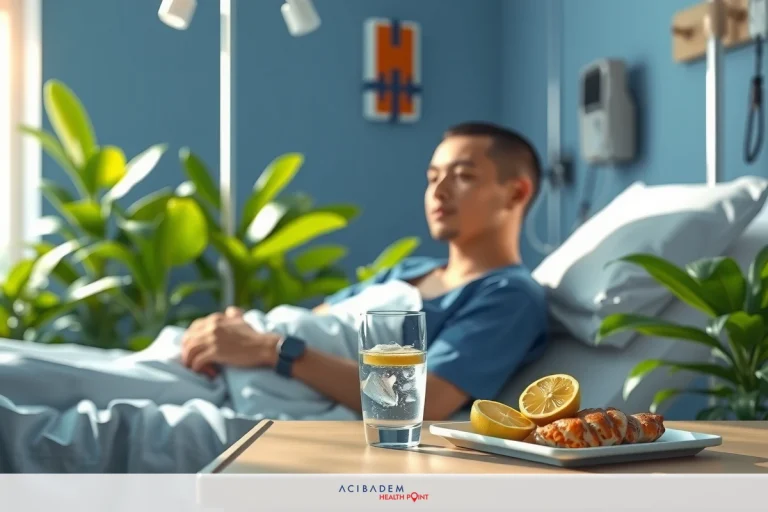 An image showing a person lying in a hospital bed, with a window allowing natural light to enter the room. A tray with food and water is placed on a table next to the bed, indicating the patient may be recovering from an illness or surgery.