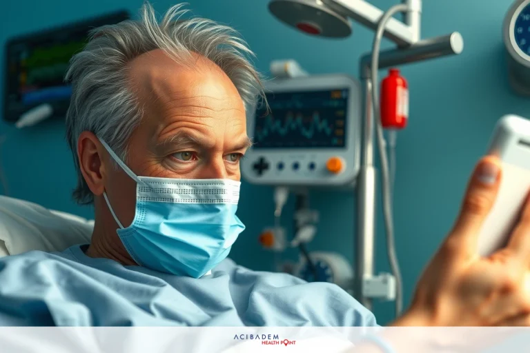 Image shows a hospitalized man wearing medical scrubs and a surgical mask, holding a smartphone. He is in a clinical environment with various pieces of medical equipment visible.