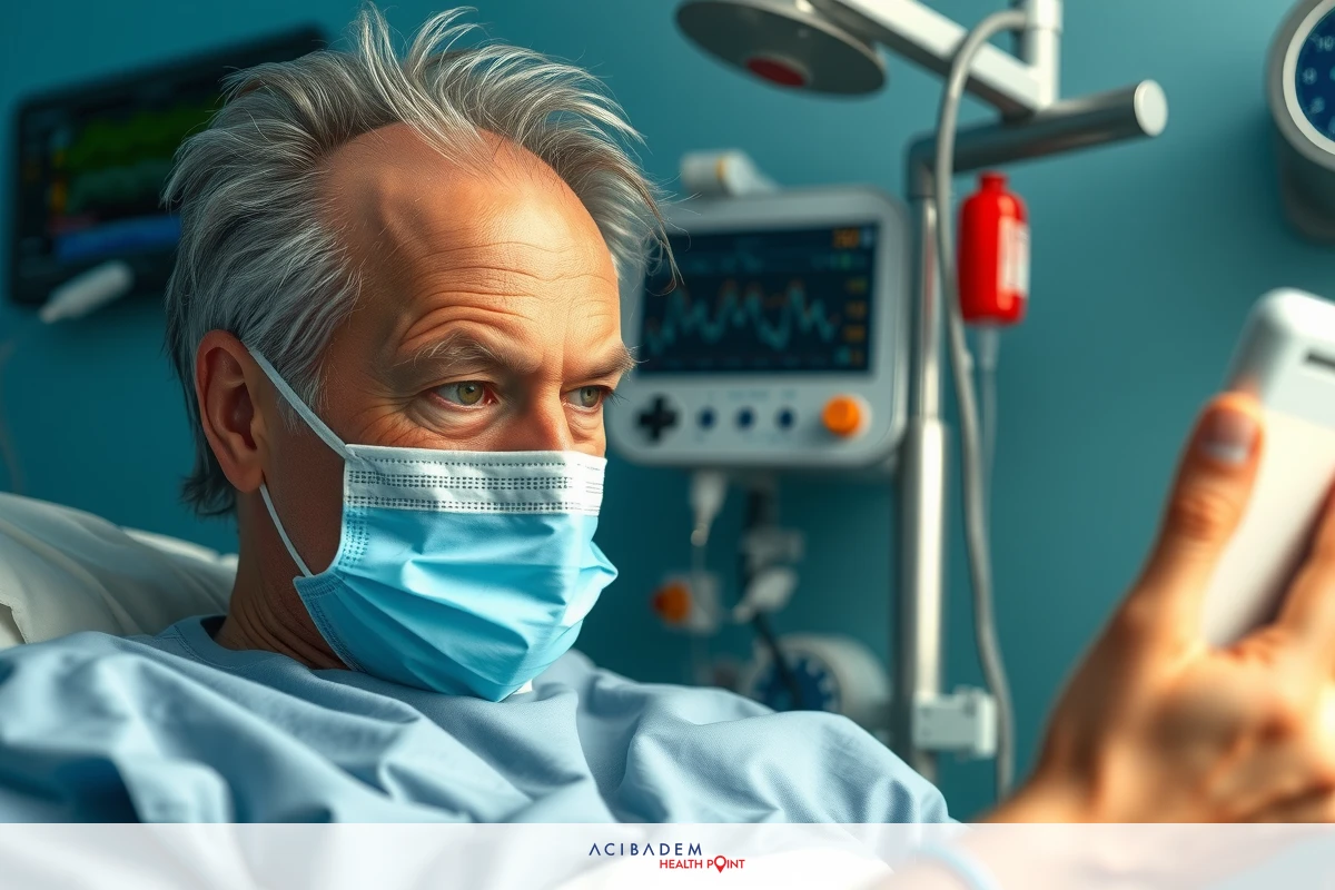 Image shows a hospitalized man wearing medical scrubs and a surgical mask, holding a smartphone. He is in a clinical environment with various pieces of medical equipment visible.