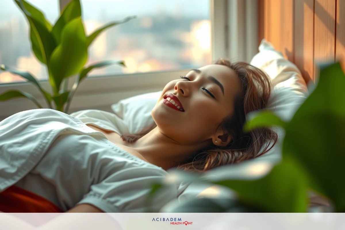 Young woman lying down and smiling in a cozy environment. She is wearing a white top. The setting appears to be a comfortable indoor space with natural light coming through the window, hinting at an urban location.