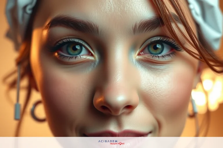 A close-up of a young woman with red eyes. She has brown hair, wears a bandana on her head and is likely in an indoor setting, possibly near a chandelier, as indicated by the warm lighting.