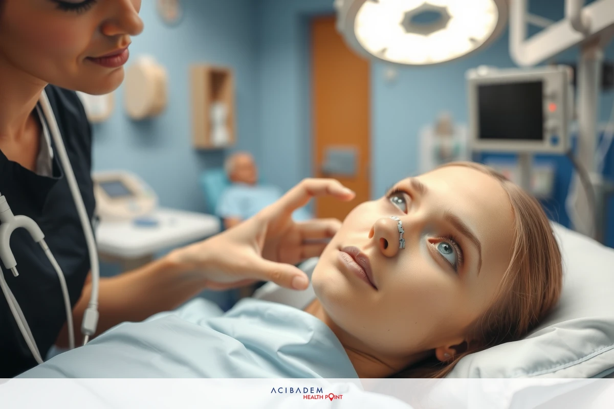 In a hospital setting, a woman is lying. A nurse or doctor in professional attire is standing beside her. There are medical devices like an EKG machine and a ventilator visible in the background.
