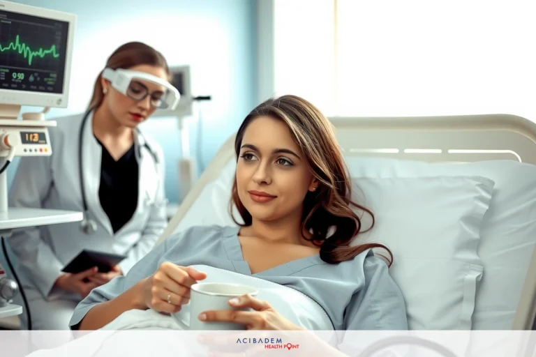 The image depicts a hospital scene with two women. One woman is sitting on a bed, wearing a medical gown and looking towards the viewer with a slight smile. She appears to be in good health. The other woman stands beside her and seems to be examining or monitoring the patient's condition; she is holding a clipboard, which suggests she could be a nurse or doctor. They are in a clinical environment, possibly an emergency room or a hospital ward, indicated by the medical equipment, and the presence of an ECG machine.