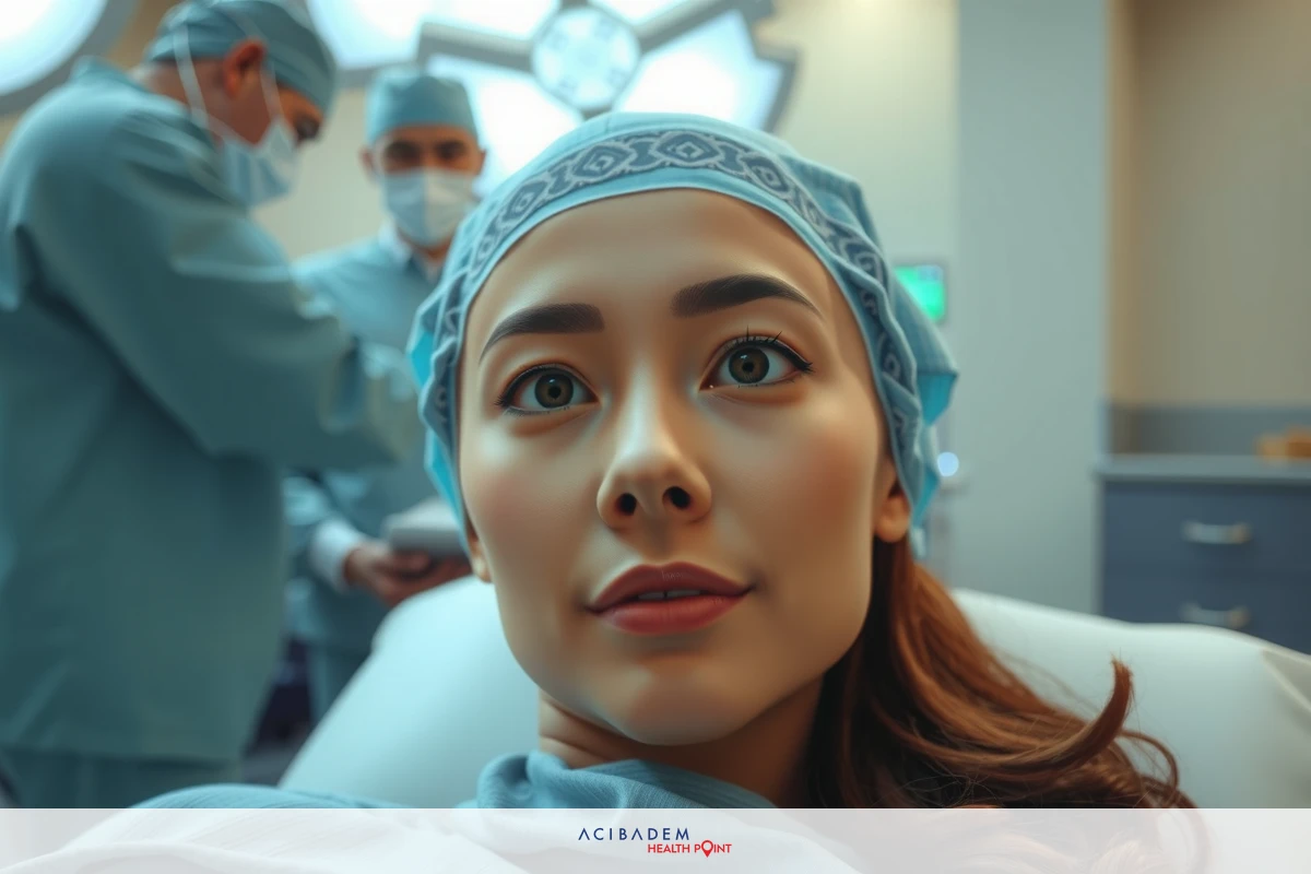 The image depicts a hospital setting with medical personnel, likely nurses or doctors, wearing surgical gowns and face masks. A female patient is lying on an examination table, looking directly at the camera with a surprised expression. The environment suggests a sterile medical area with equipment and lighting typical of a clinic or hospital ward.