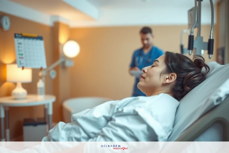 When Can I Do Housework After Rhinoplasty? Hospital room with medical staff and a patient. A person is lying in bed receiving medical attention while the medical professional stands by the foot of the bed, possibly monitoring or discussing care with the patient.