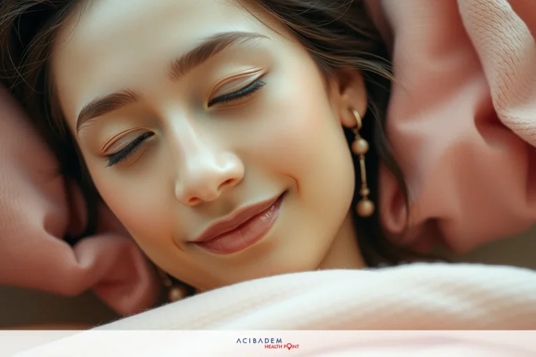 A young woman is peacefully asleep with her eyes closed, lying down on a soft blanket or bed. She has pink-toned skin and dark eyebrows, wearing subtle makeup that enhances her natural features.