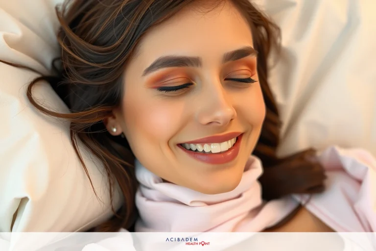 Woman smiling with eyes closed, laying down on a bed with pink and white pillows. She has makeup on her face.