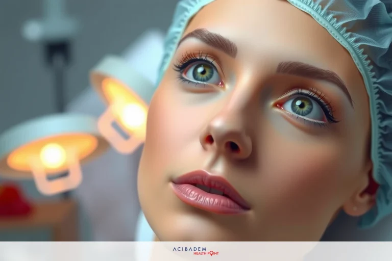 This is a close-up image of a woman's face. Her eyes are wide open and she appears to be surprised or in a state of shock. She has makeup on, which accentuates her features. The background suggests that this might be taking place inside an operating room or a similar medical setting.