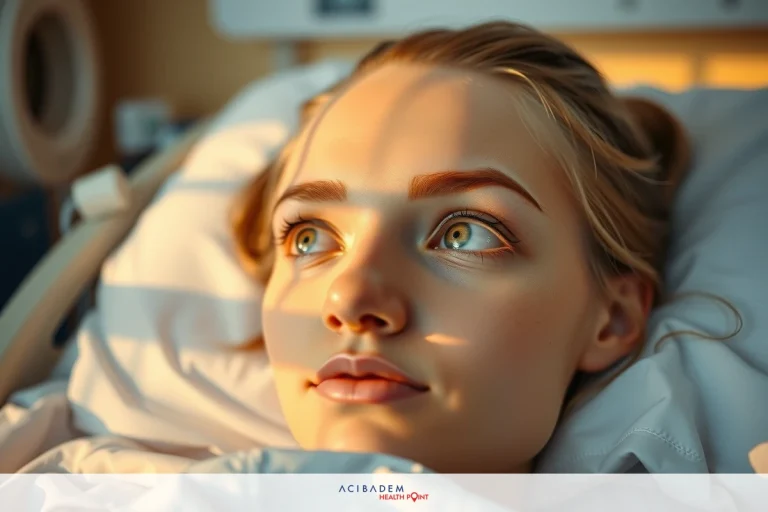 Can Rhinoplasty Cause Breathing Issues? The image shows a young woman lying in a hospital bed. She appears to be looking directly at the camera with a calm and thoughtful expression.